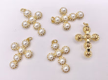 Load image into Gallery viewer, Cute CZ Pave Pearl Cross Charm in Real Gold 18K Plated Micro CZ Pave Over Brass 5 PCS
