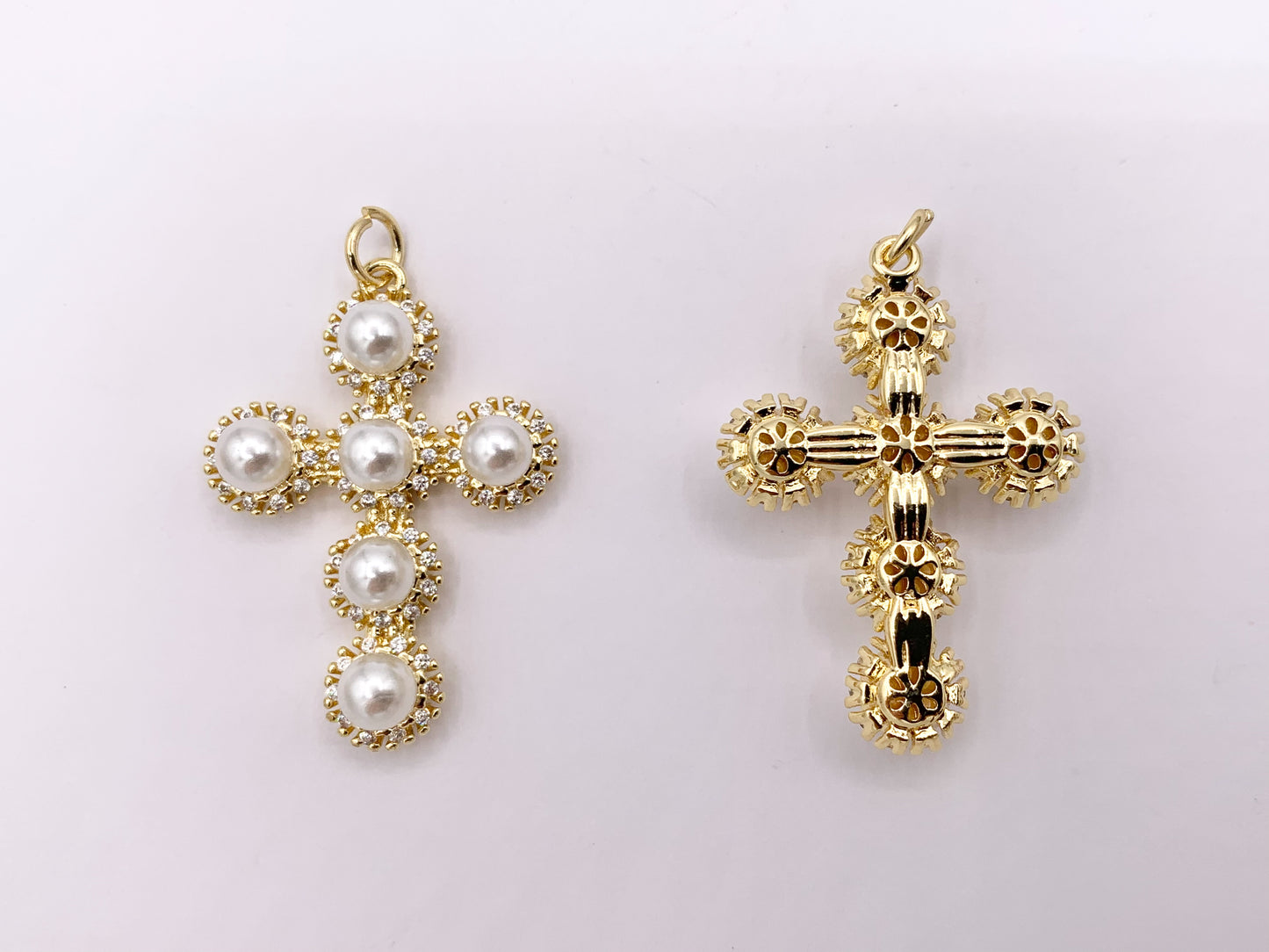 Cute CZ Pave Pearl Cross Charm in Real Gold 18K Plated Micro CZ Pave Over Brass 5 PCS