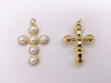 Load image into Gallery viewer, Cute CZ Pave Pearl Cross Charm in Real Gold 18K Plated Micro CZ Pave Over Brass 5 PCS
