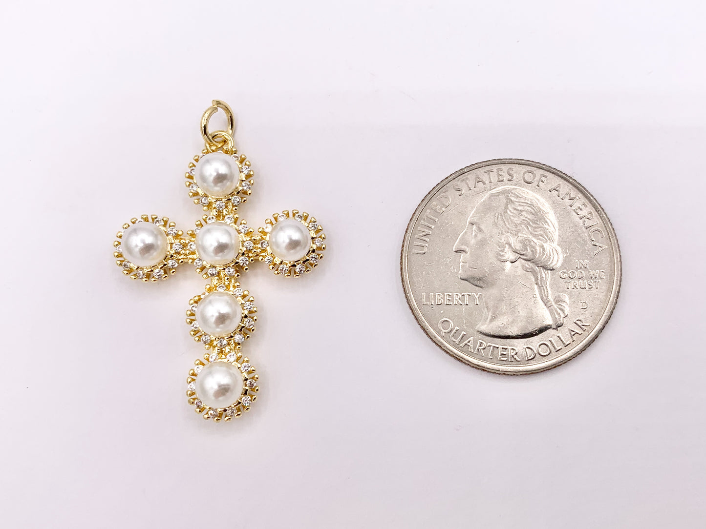 Cute CZ Pave Pearl Cross Charm in Real Gold 18K Plated Micro CZ Pave Over Brass 5 PCS