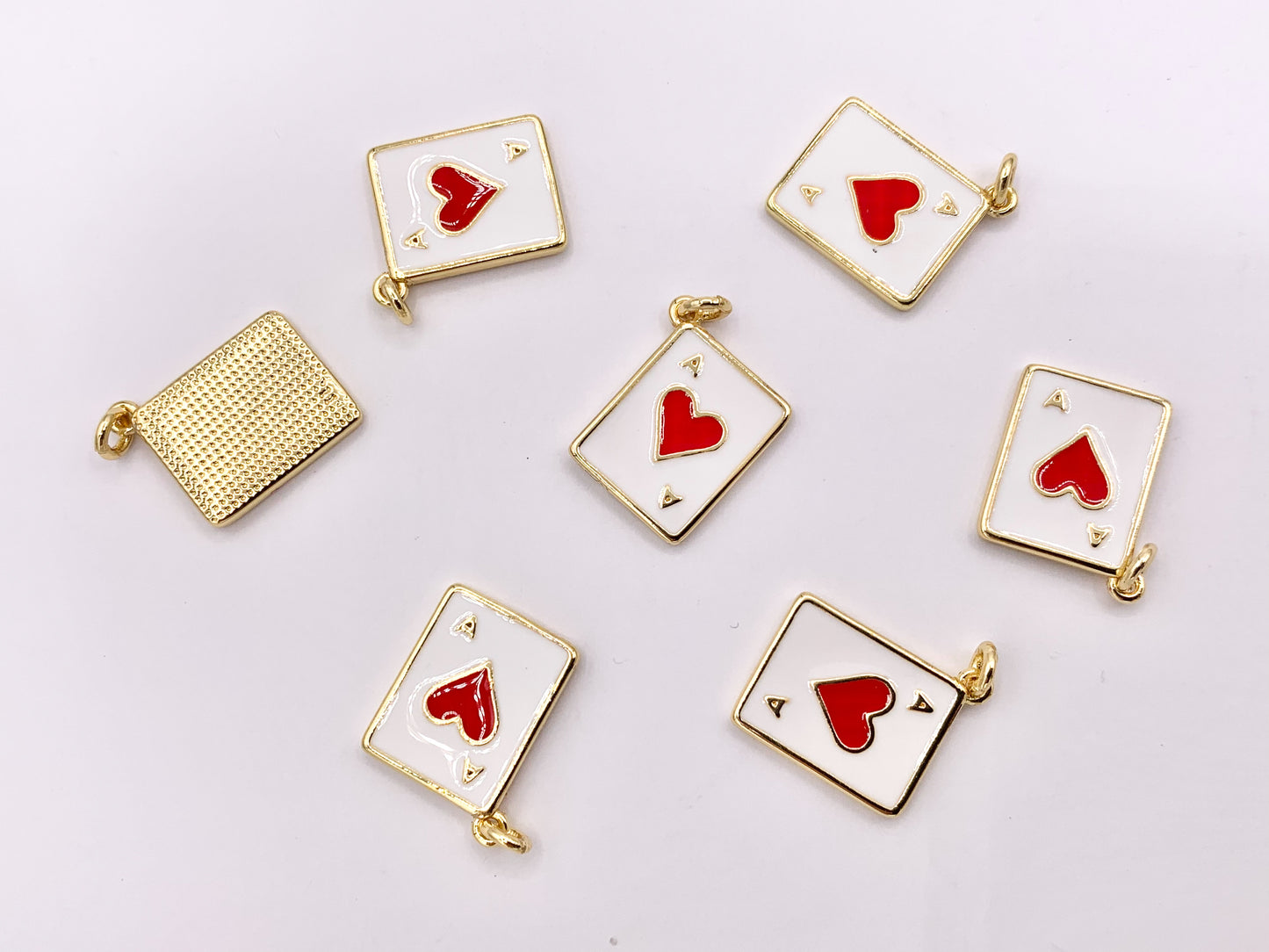 Ace of Heart Poker Player Card Charm Enamel Red Heart Charm Gold 18K Plated Over Copper 8 PCS