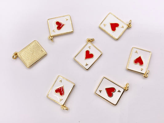 Ace of Heart Poker Player Card Charm Enamel Red Heart Charm Gold 18K Plated Over Copper 8 PCS