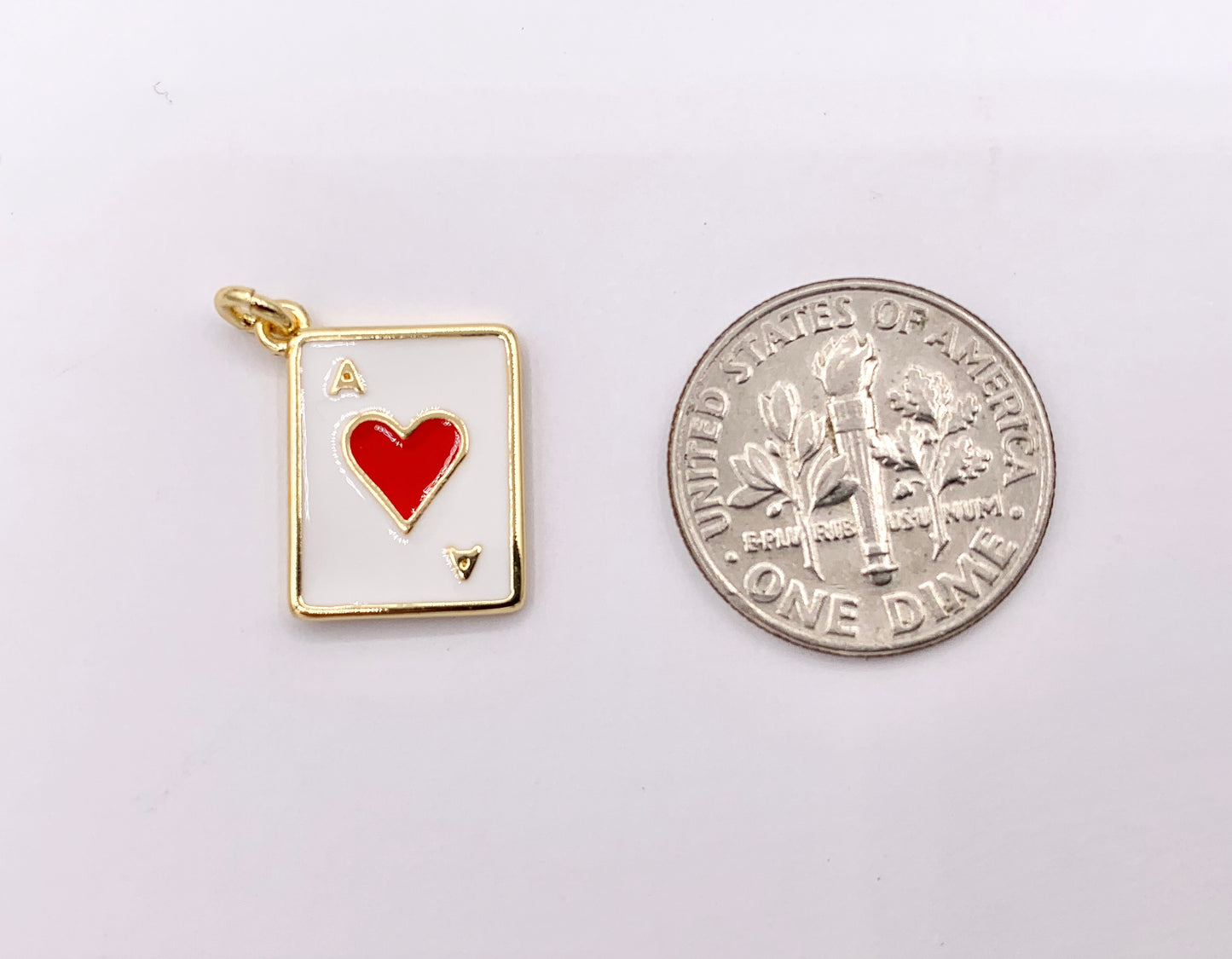 Ace of Heart Poker Player Card Charm Enamel Red Heart Charm Gold 18K Plated Over Copper 8 PCS