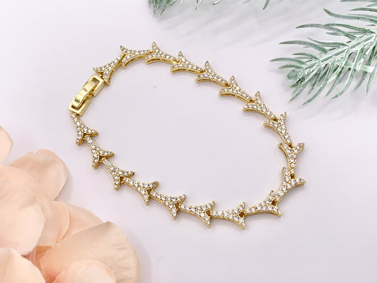 7" Delicate 18K Gold Plated Dainty Minimalist Fancy Branch Rhinestone Chain Bracelet 2 PCS