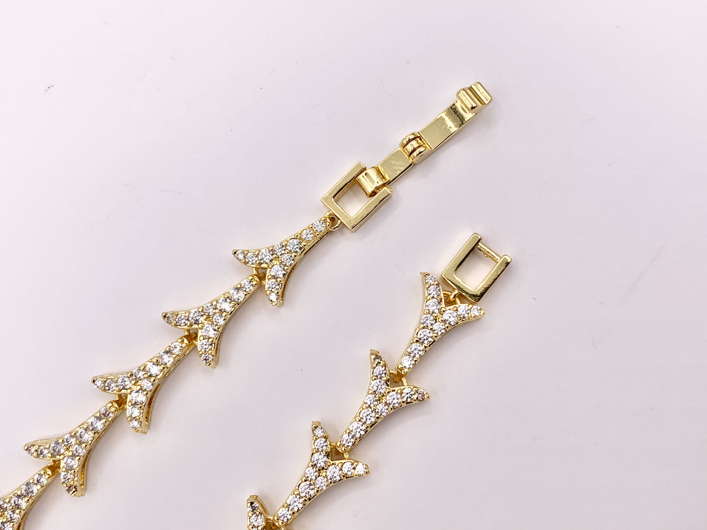 7" Delicate 18K Gold Plated Dainty Minimalist Fancy Branch Rhinestone Chain Bracelet 2 PCS