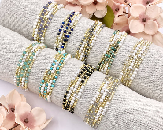 Assorted Stones With Pearls Dainty Stackable Stretchy Bracelet 1 piece Black Spinel, Terahertz, African Turquoise, Magnesite And More 7"