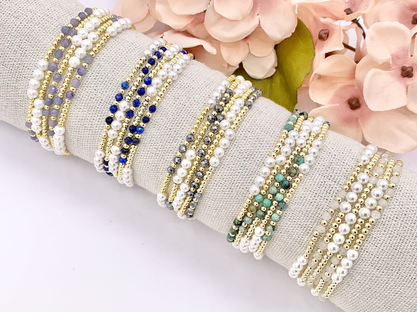 Assorted Stones With Pearls Dainty Stackable Stretchy Bracelet 1 piece Black Spinel, Terahertz, African Turquoise, Magnesite And More 7"