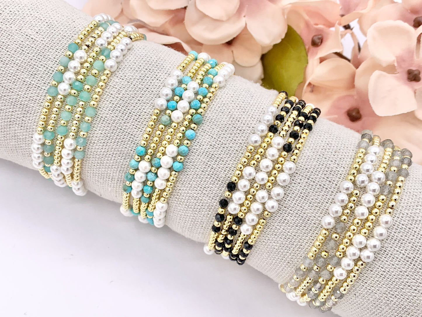 Assorted Stones With Pearls Dainty Stackable Stretchy Bracelet 1 piece Black Spinel, Terahertz, African Turquoise, Magnesite And More 7"