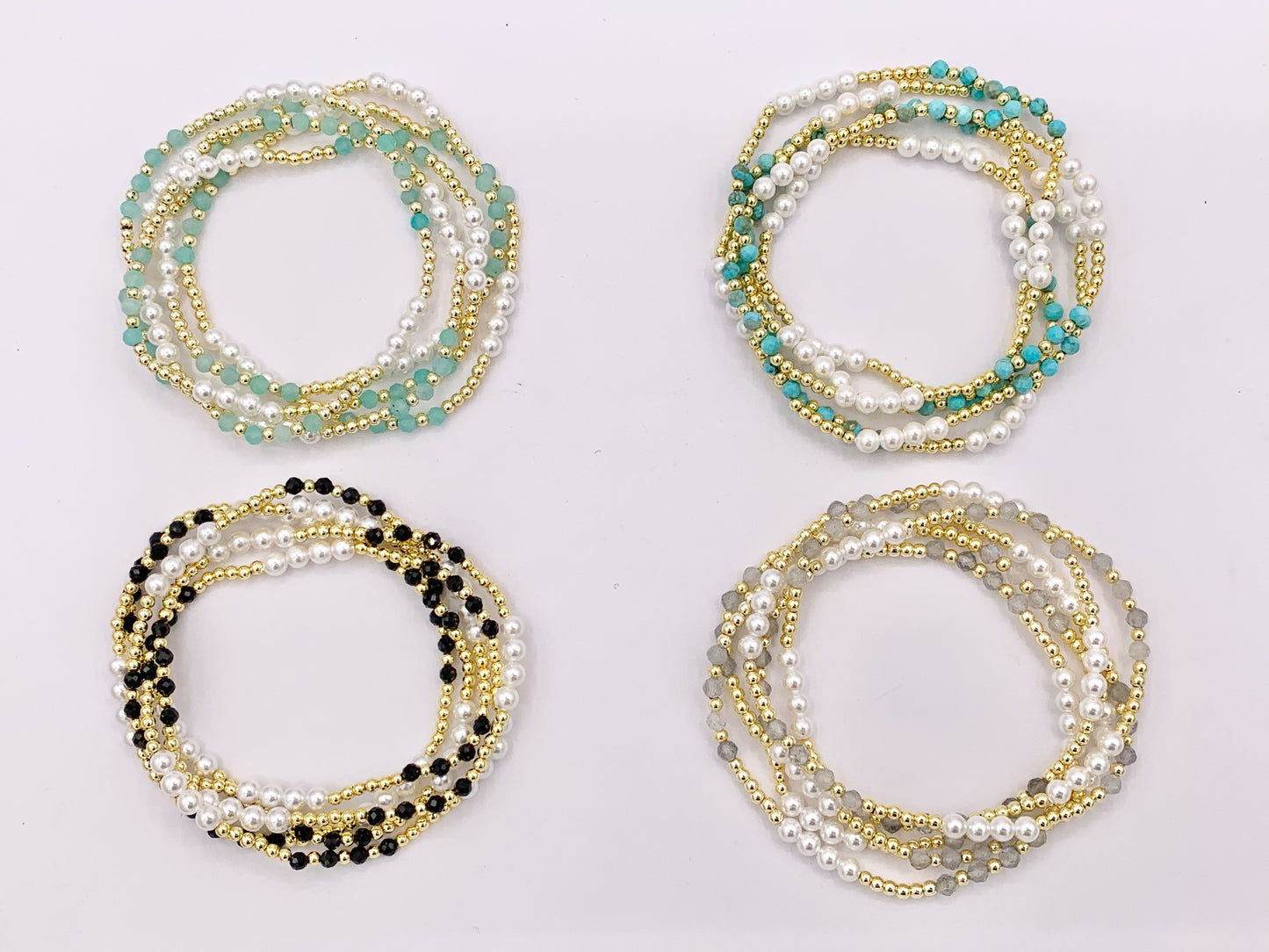 Assorted Stones With Pearls Dainty Stackable Stretchy Bracelet 1 piece Black Spinel, Terahertz, African Turquoise, Magnesite And More 7"