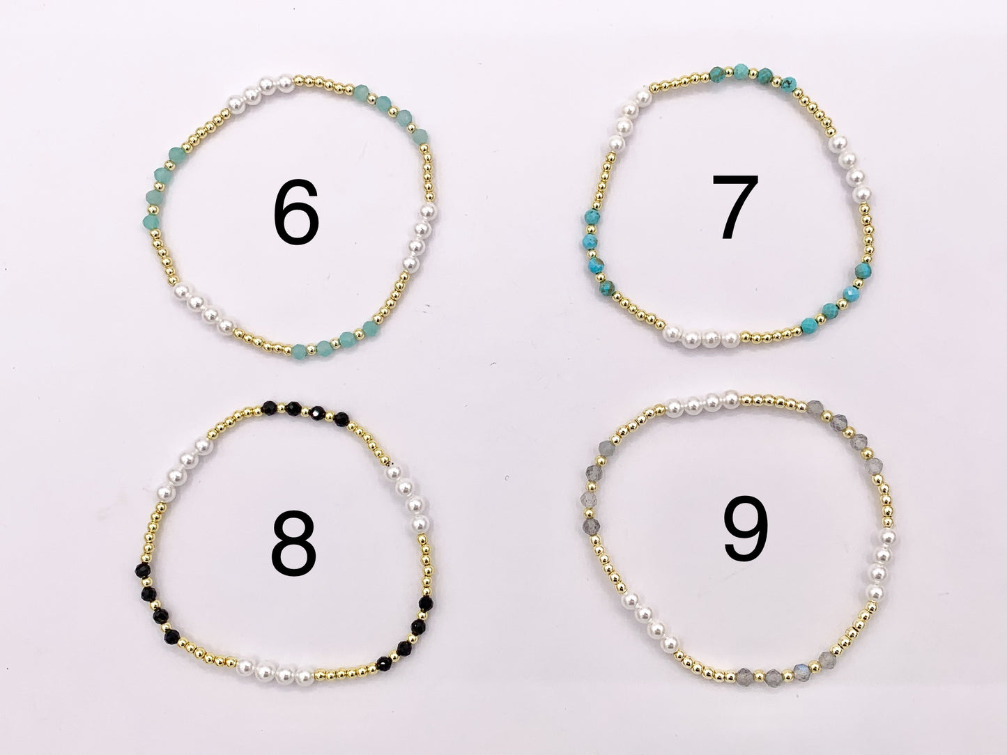 Assorted Stones With Pearls Dainty Stackable Stretchy Bracelet 1 piece Black Spinel, Terahertz, African Turquoise, Magnesite And More 7"