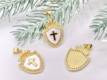 Load image into Gallery viewer, Tiara Shield Cross Pendants Princess Crown Shell Pendant in 18K Gold Plated with CZ Pave Charms Over Brass  4 PCS
