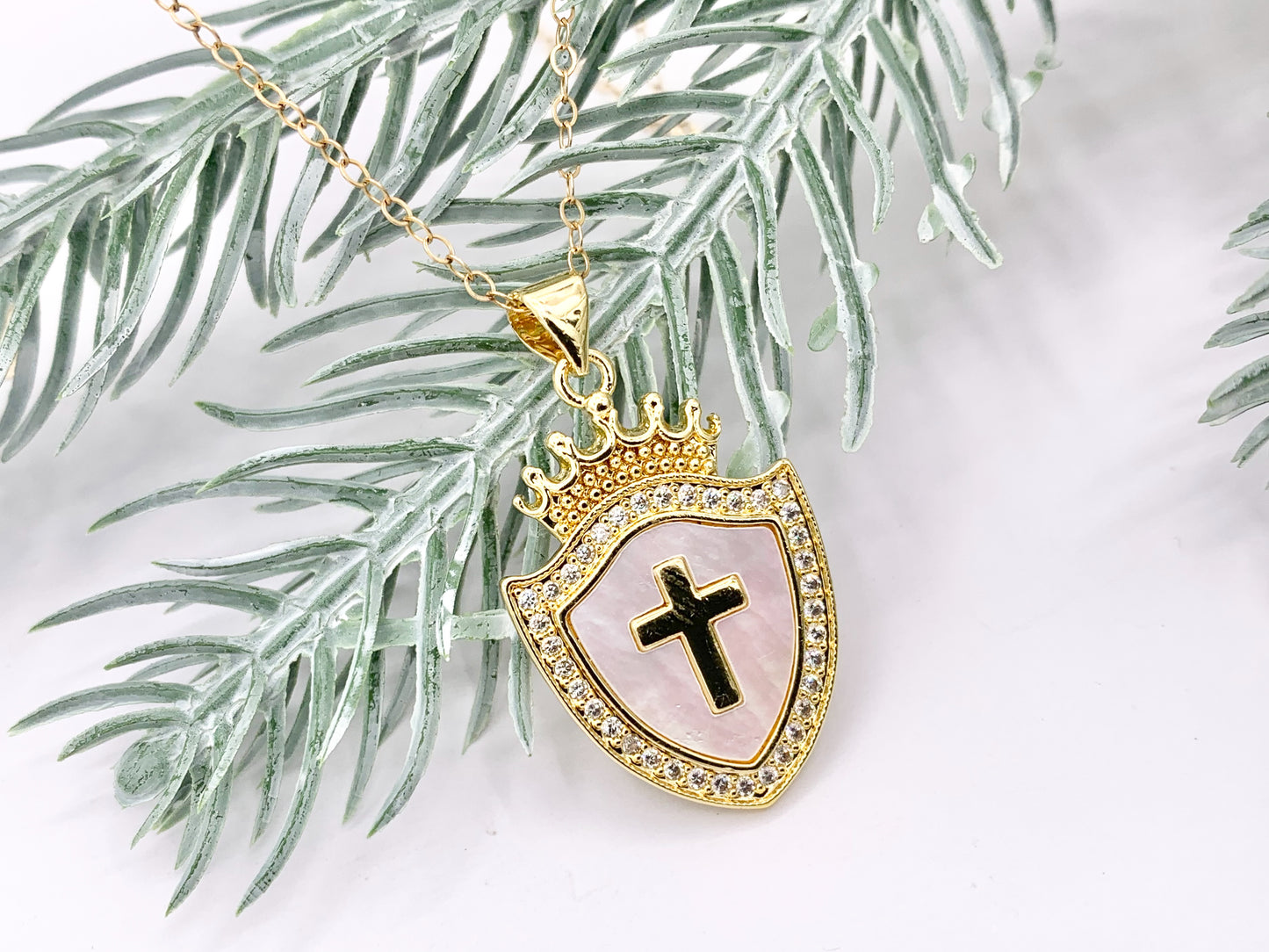 Tiara Shield Cross Pendants Princess Crown Shell Pendant in 18K Gold Plated with CZ Pave Charms Over Brass  4 PCS