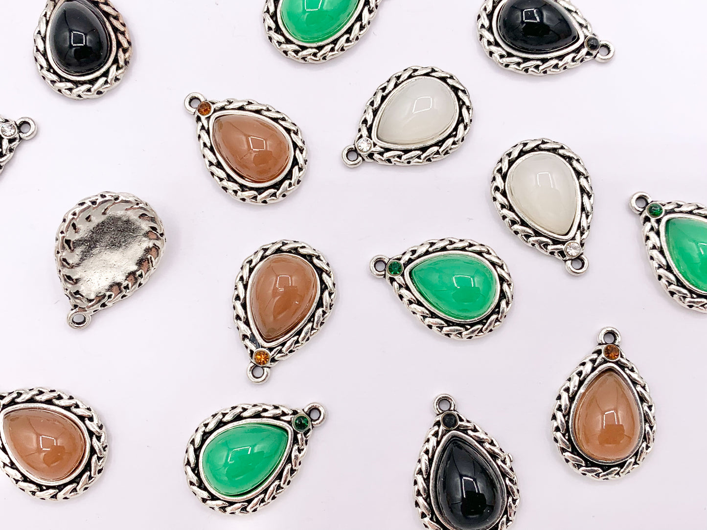 16x24mm Pewter Silver Soldered Braided Teardrop Dyed Glass Imitation Jade Charm in  Black, White, Brown & Green 20 PCS