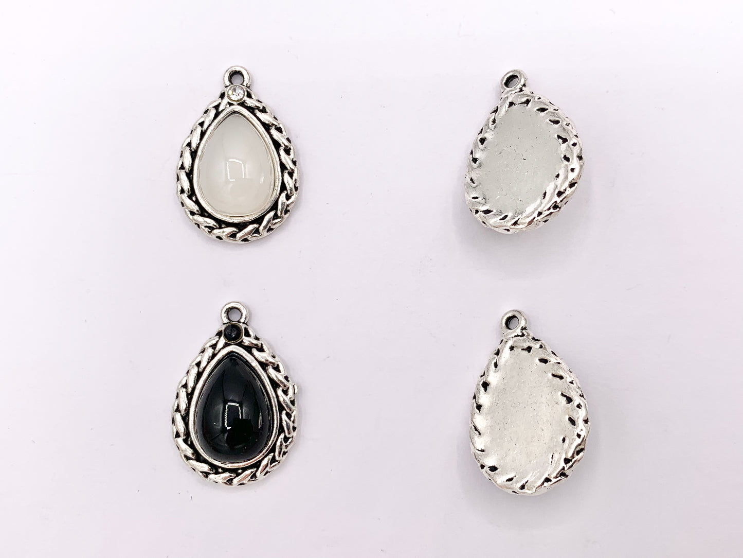 16x24mm Pewter Silver Soldered Braided Teardrop Dyed Glass Imitation Jade Charm in  Black, White, Brown & Green 20 PCS