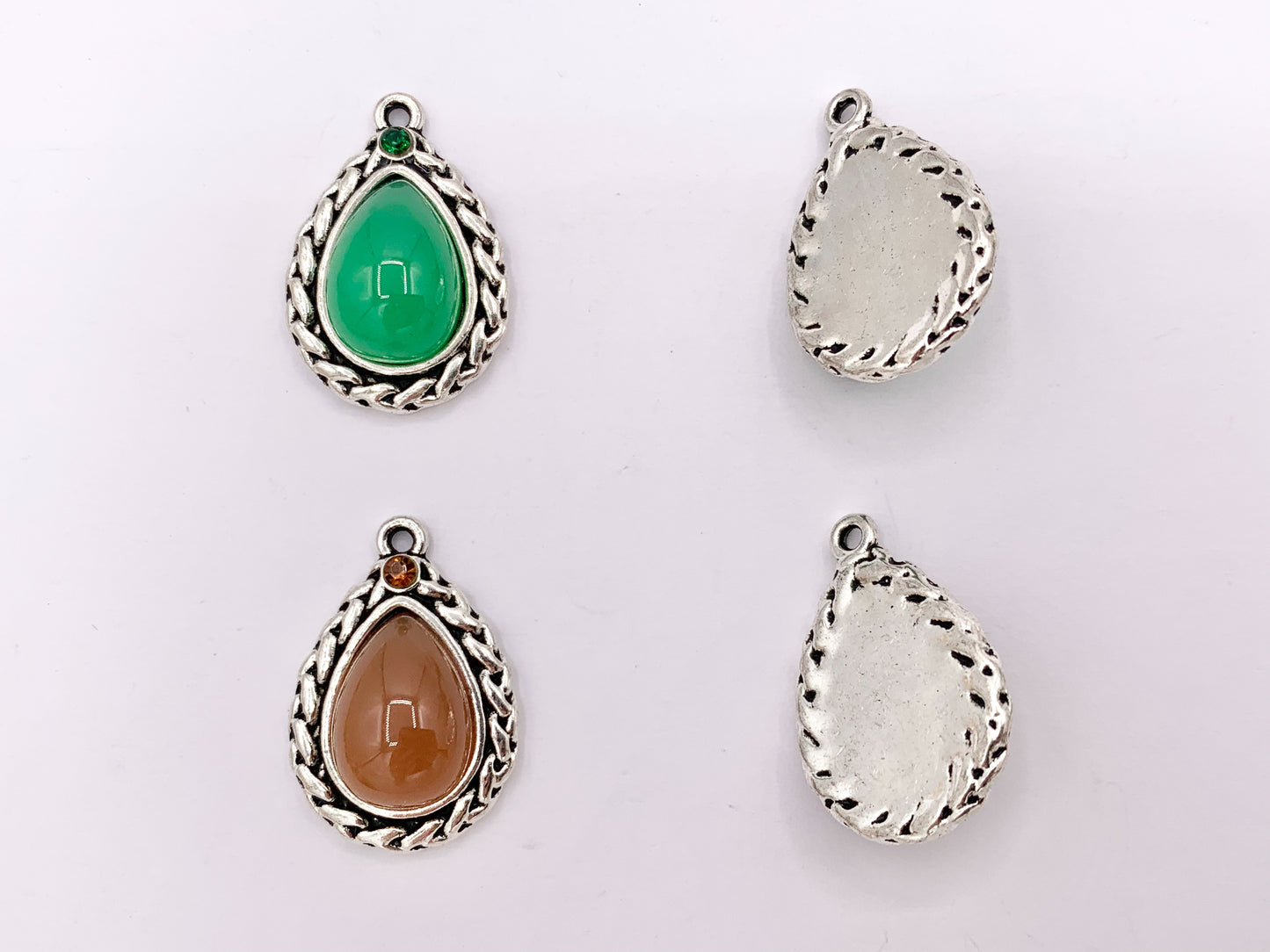16x24mm Pewter Silver Soldered Braided Teardrop Dyed Glass Imitation Jade Charm in  Black, White, Brown & Green 20 PCS
