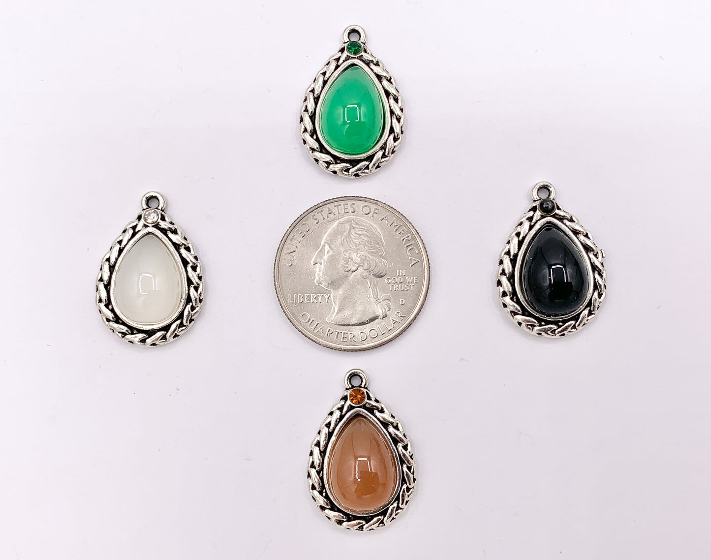 16x24mm Pewter Silver Soldered Braided Teardrop Dyed Glass Imitation Jade Charm in  Black, White, Brown & Green 20 PCS