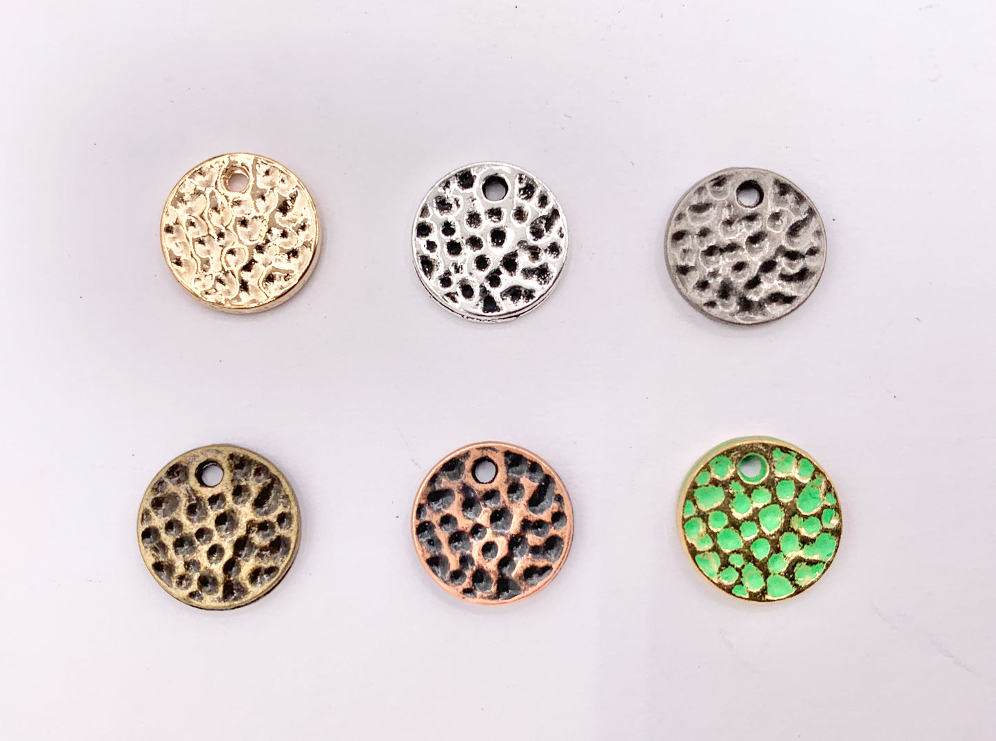 10mm Pewter Small Hammered Coin Charms in Rosy Gold, Silver, Bronze, Copper, Gunmetal and Green Patina