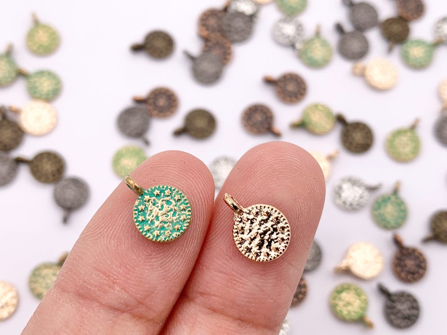 7mm Pewter Small Hammered Coin Charms in Rosy Gold, Silver, Bronze, Copper, Gunmetal and Green Patina