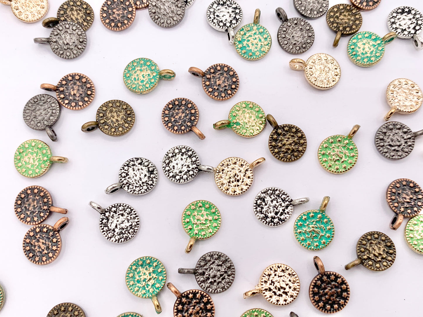 7mm Pewter Small Hammered Coin Charms in Rosy Gold, Silver, Bronze, Copper, Gunmetal and Green Patina