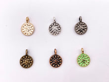 Load image into Gallery viewer, 7mm Pewter Small Hammered Coin Charms in Rosy Gold, Silver, Bronze, Copper, Gunmetal and Green Patina

