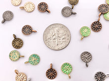 Load image into Gallery viewer, 7mm Pewter Small Hammered Coin Charms in Rosy Gold, Silver, Bronze, Copper, Gunmetal and Green Patina
