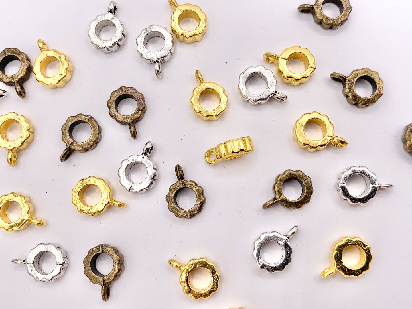 7.5mm Pewter Charm Holder Spacers Etched Spacers with Loop in Gold, Silver, Bronze 125g