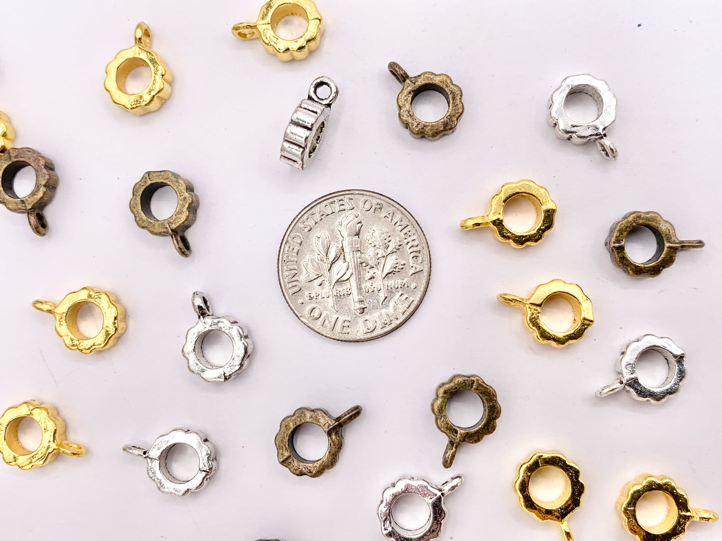 7.5mm Pewter Charm Holder Spacers Etched Spacers with Loop in Gold, Silver, Bronze 125g