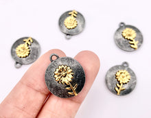Load image into Gallery viewer, 17mm Pewter Gunmetal Coin with Gold Flower Charms Cute Floral Pendants 15 PCS
