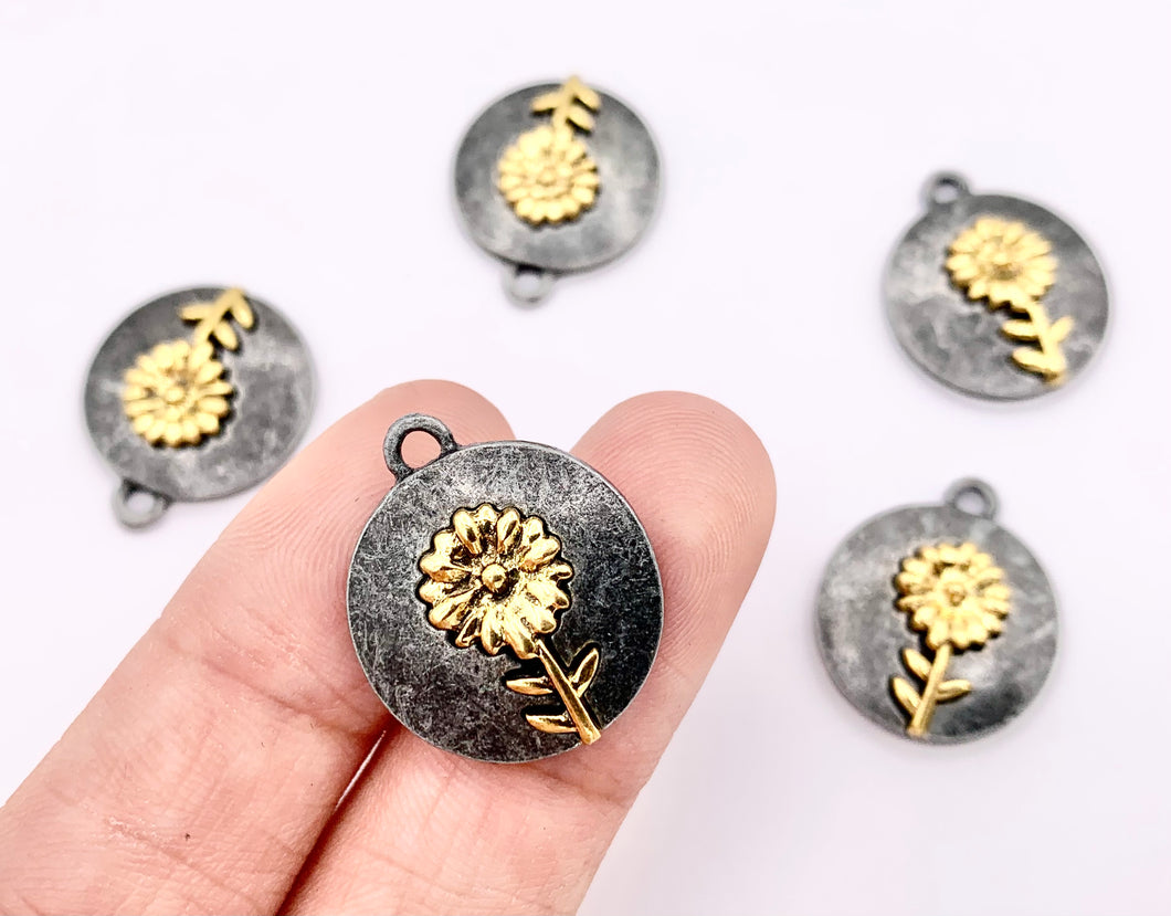 17mm Pewter Gunmetal Coin with Gold Flower Charms Cute Floral Pendants 15 PCS