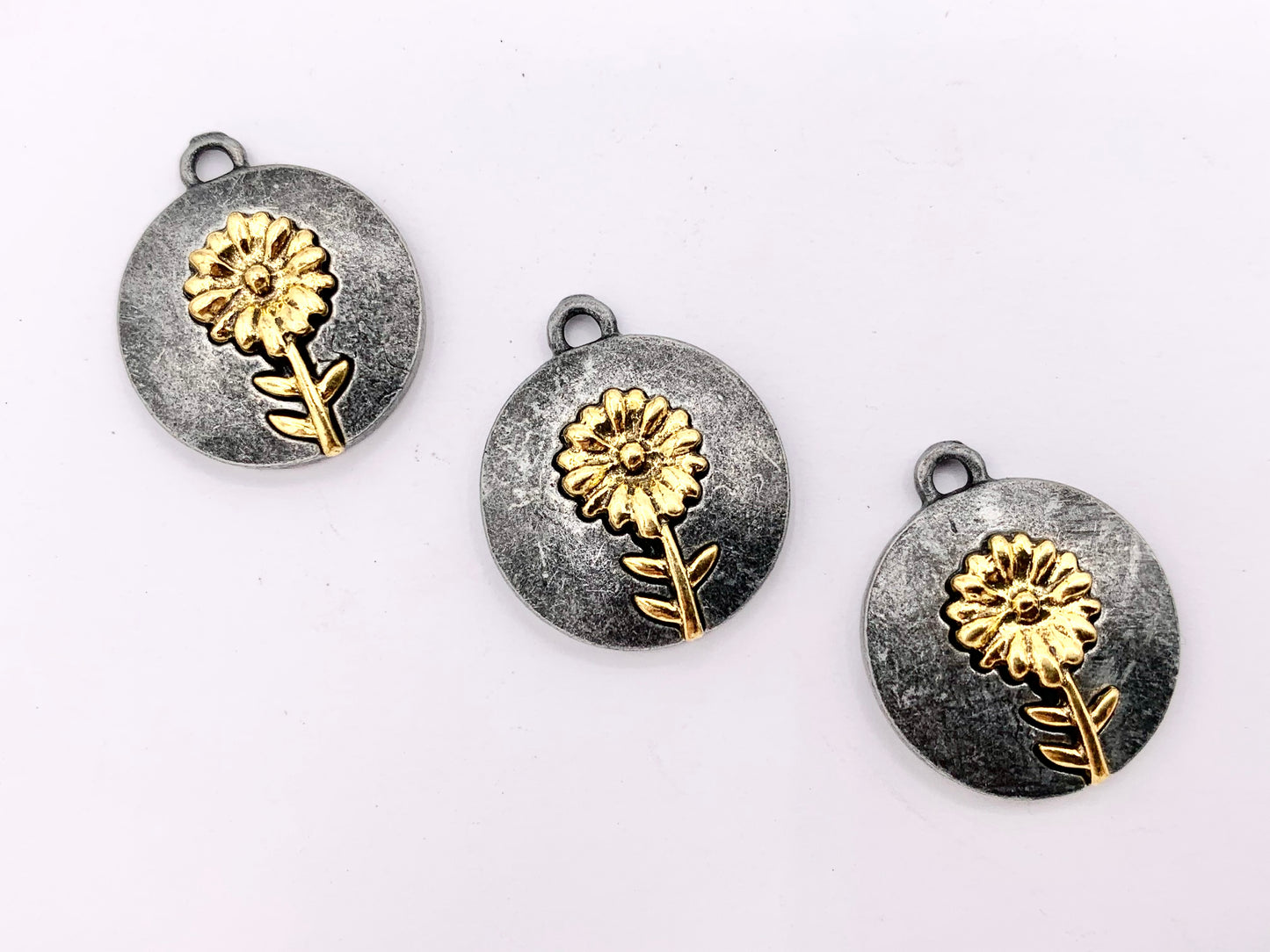 17mm Pewter Gunmetal Coin with Gold Flower Charms Cute Floral Pendants 15 PCS