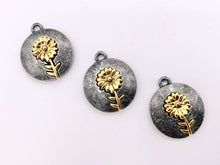 Load image into Gallery viewer, 17mm Pewter Gunmetal Coin with Gold Flower Charms Cute Floral Pendants 15 PCS
