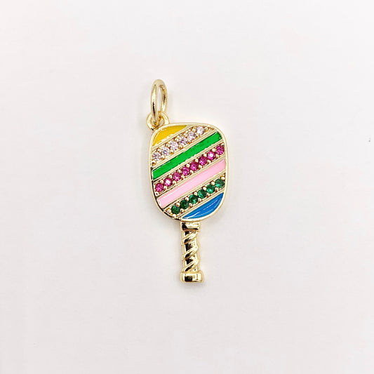 Colorful Pickleball Paddle Pendants in CZ Pave Rhinestone 18K Gold Plated Copper 8 PCS