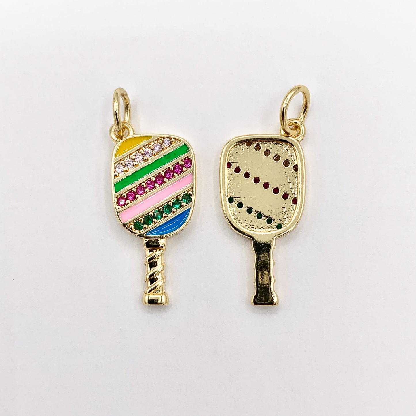 Colorful Pickleball Paddle Pendants in CZ Pave Rhinestone 18K Gold Plated Copper 8 PCS
