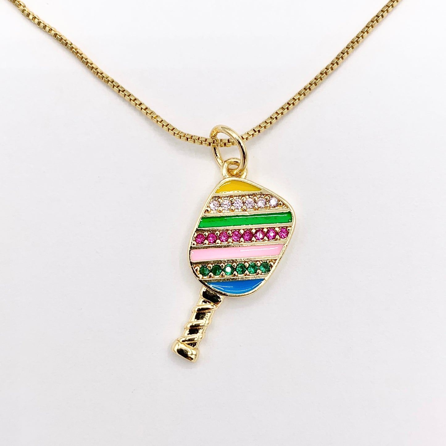 Colorful Pickleball Paddle Pendants in CZ Pave Rhinestone 18K Gold Plated Copper 8 PCS