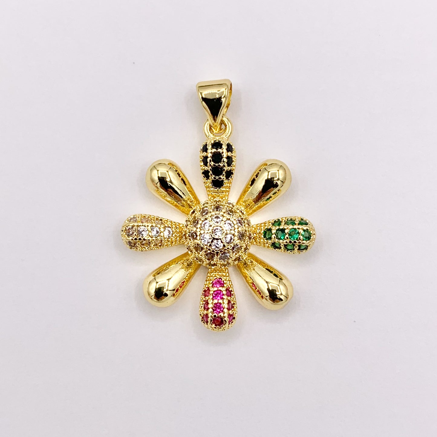 Real Gold 18K Plated Micro CZ Multicolor Large Flower Pave Pendant Over Brass 5 PCS