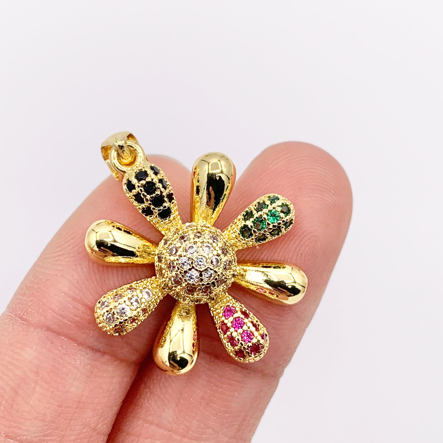 Real Gold 18K Plated Micro CZ Multicolor Large Flower Pave Pendant Over Brass 5 PCS