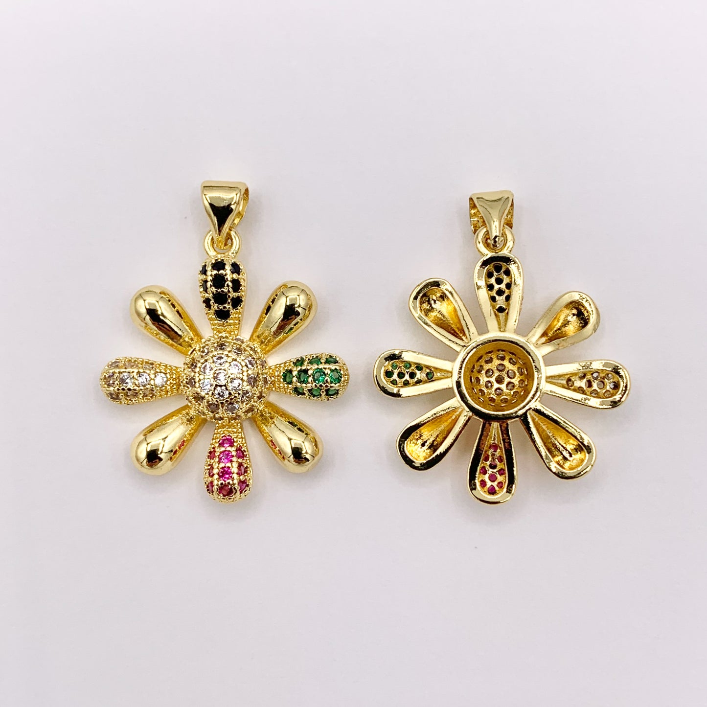 Real Gold 18K Plated Micro CZ Multicolor Large Flower Pave Pendant Over Brass 5 PCS