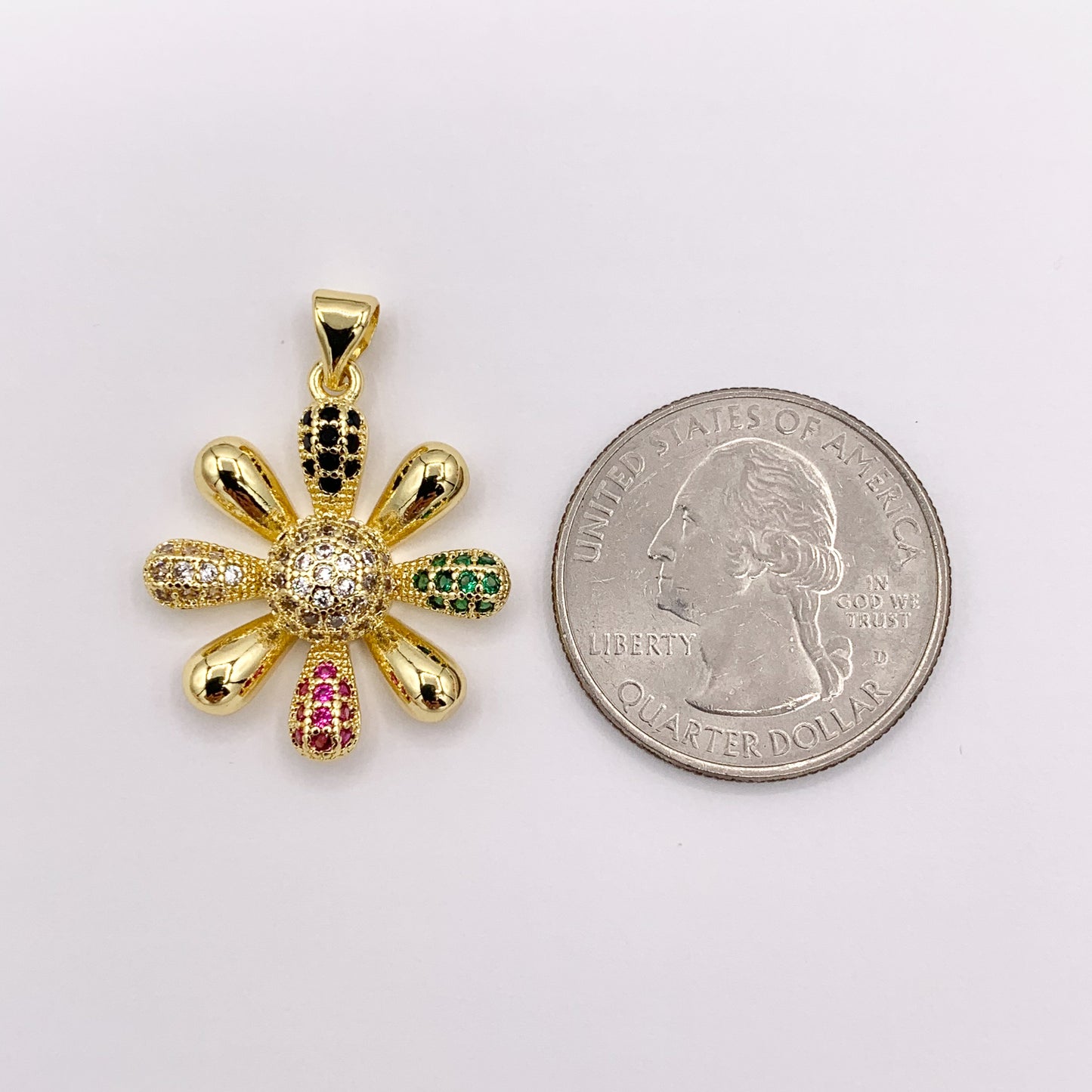 Real Gold 18K Plated Micro CZ Multicolor Large Flower Pave Pendant Over Brass 5 PCS