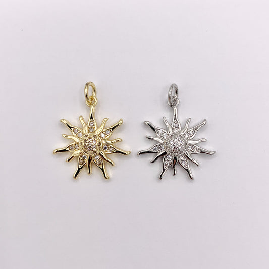 Real Gold/Platinum 18K Plated Micro CZ Royal Sun Burst Pave Charm Over Brass 8 PCS