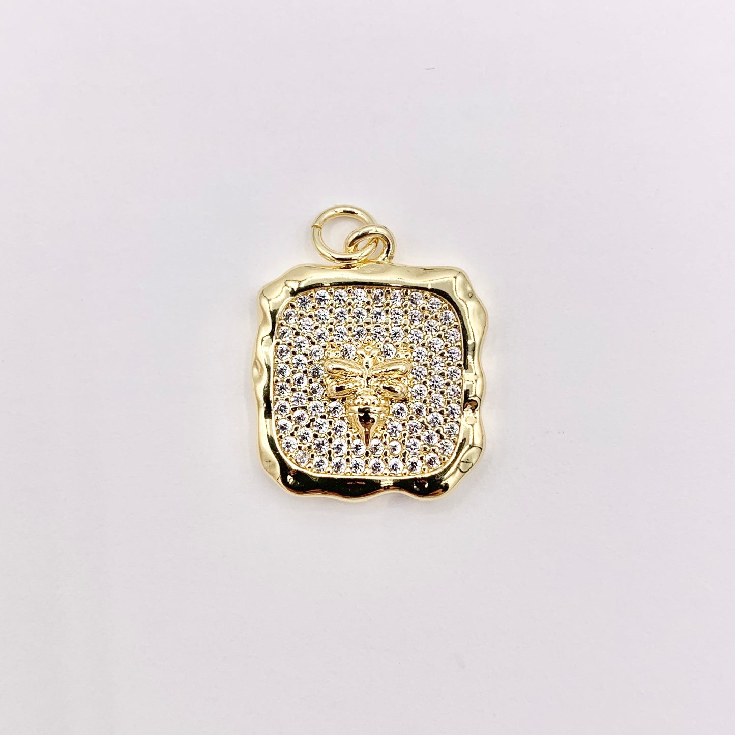 Real Gold 18K Plated Micro CZ Pave Bee Square Pendant Over Copper 6 PCS