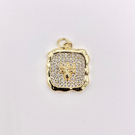 Real Gold 18K Plated Micro CZ Pave Bee Square Pendant Over Copper 6 PCS
