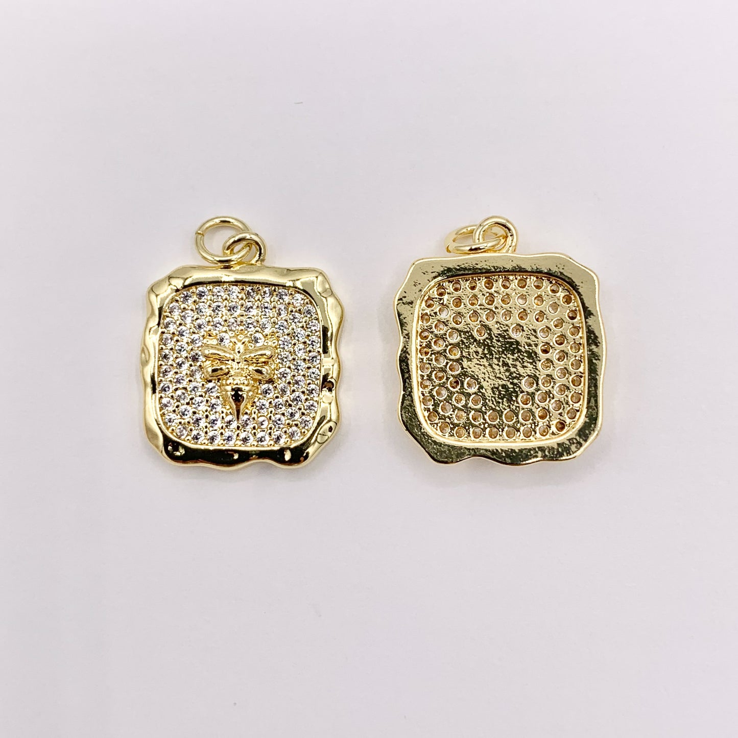 Real Gold 18K Plated Micro CZ Pave Bee Square Pendant Over Copper 6 PCS