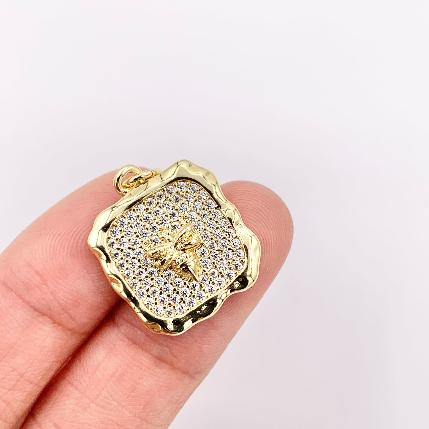 Real Gold 18K Plated Micro CZ Pave Bee Square Pendant Over Copper 6 PCS