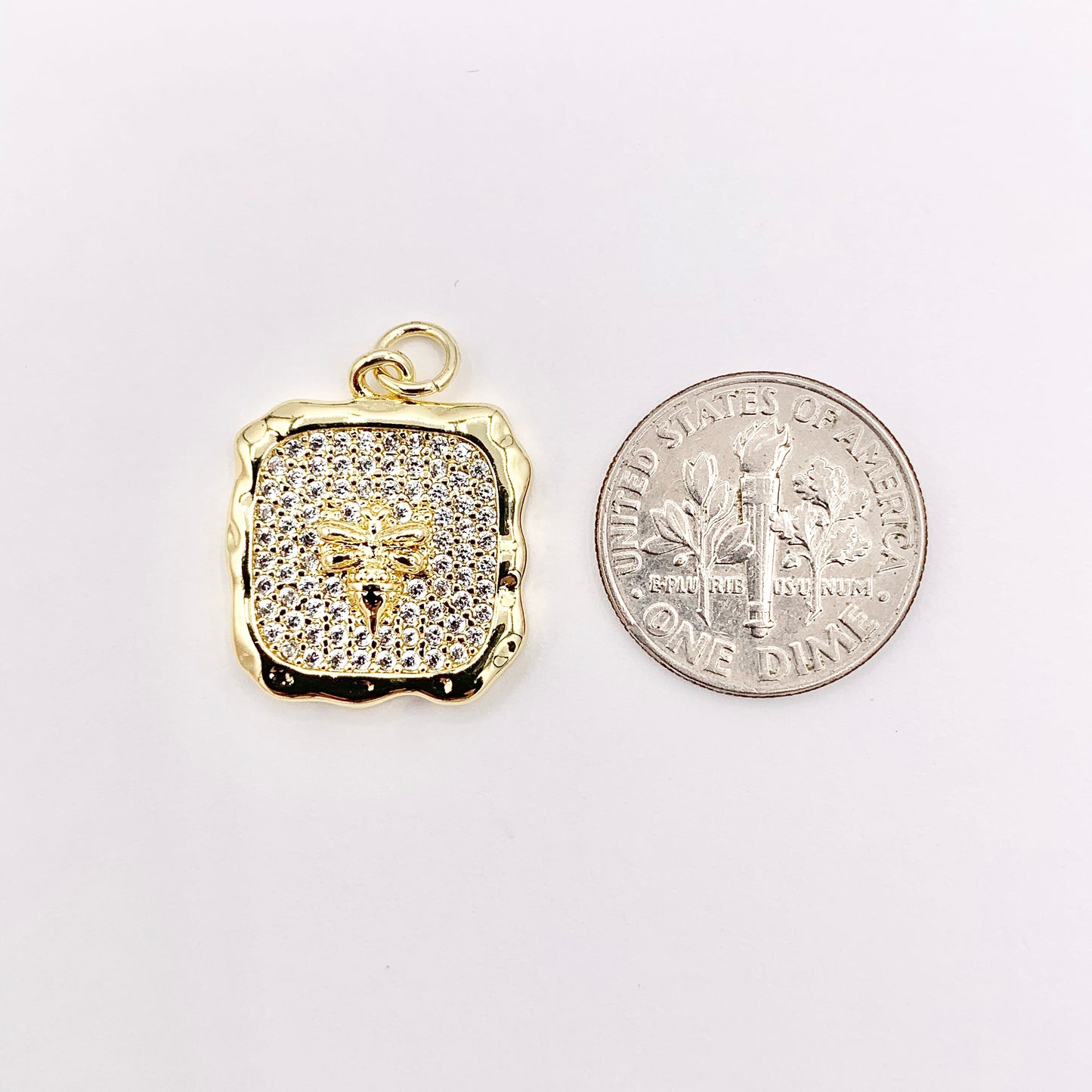 Real Gold 18K Plated Micro CZ Pave Bee Square Pendant Over Copper 6 PCS