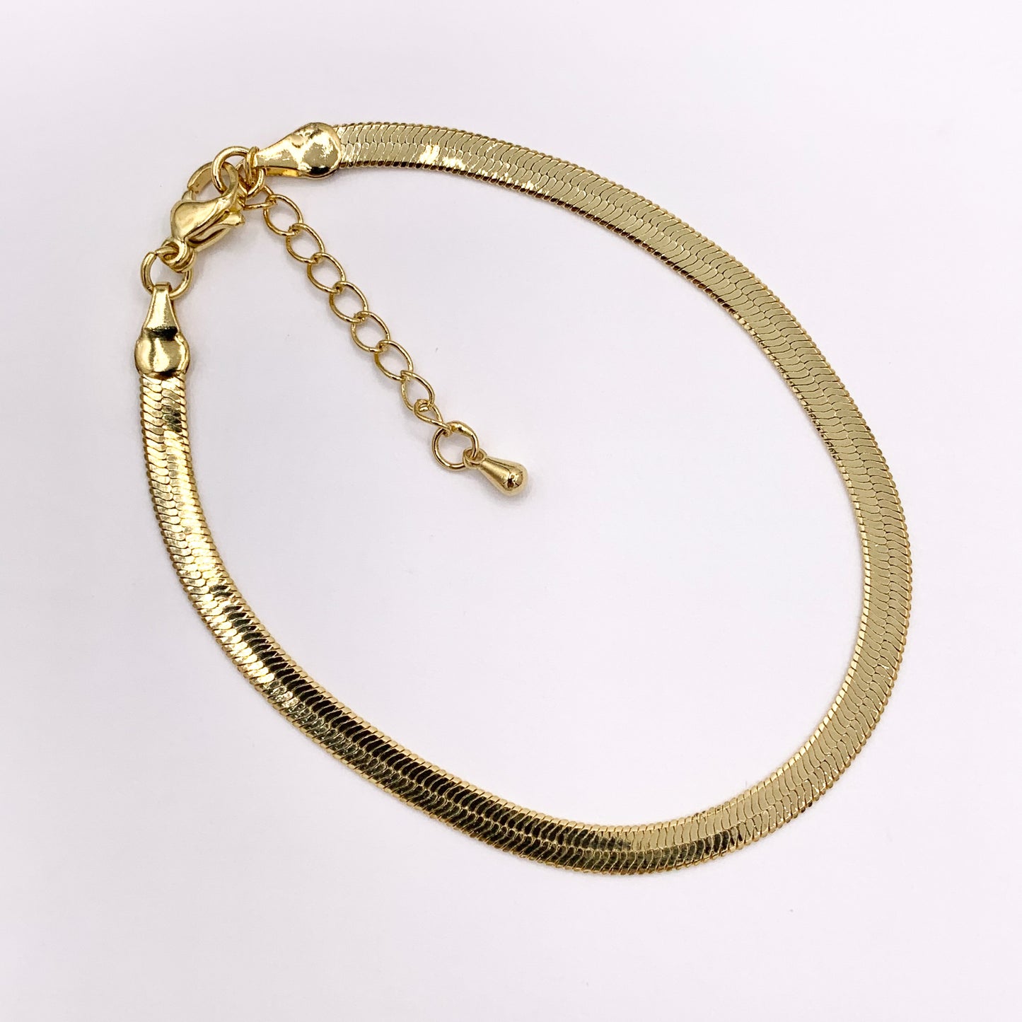 Herringbone Flat Step Cut Snake Chain Bracelets 7" with 1.2" Extension in 18K Gold Plated Copper 5 PCS