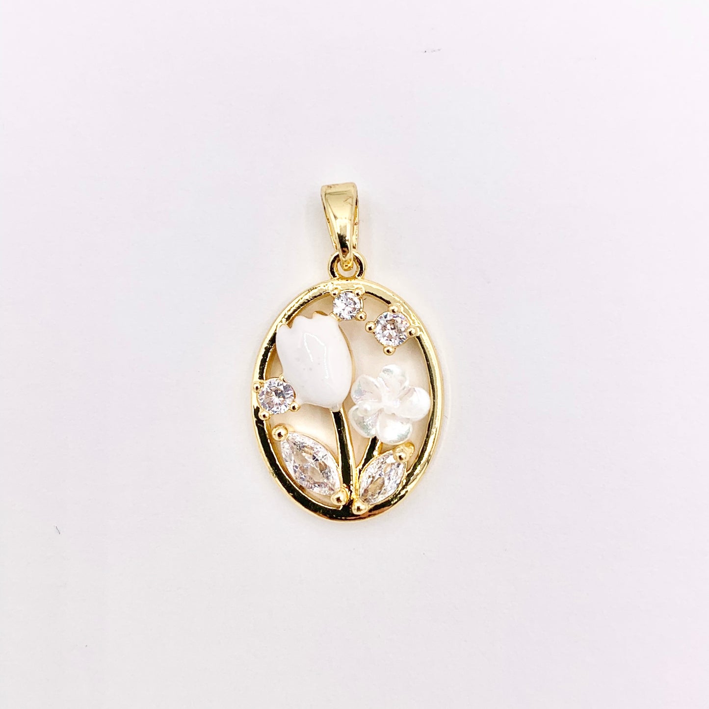 White Enamel CZ Pave Tulip Flower in Oval Pendant in Real Gold 18K Plated Over Copper 6 PCS