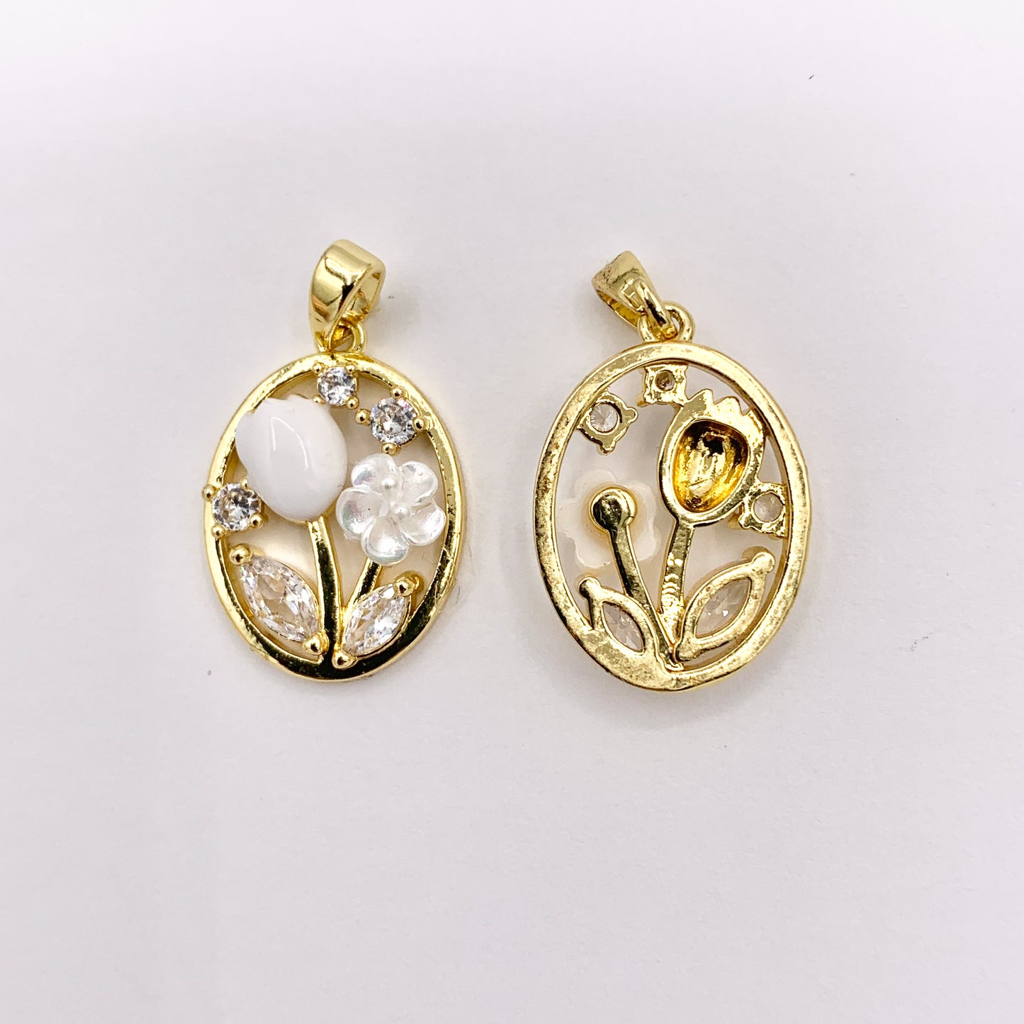 White Enamel CZ Pave Tulip Flower in Oval Pendant in Real Gold 18K Plated Over Copper 6 PCS