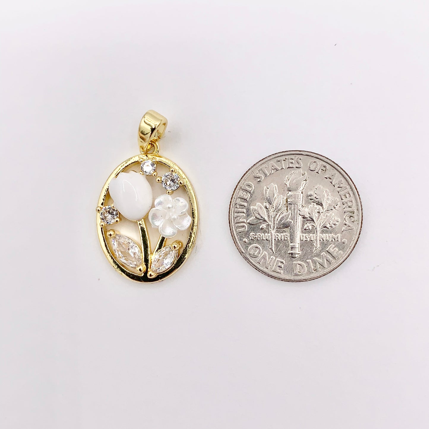 White Enamel CZ Pave Tulip Flower in Oval Pendant in Real Gold 18K Plated Over Copper 6 PCS