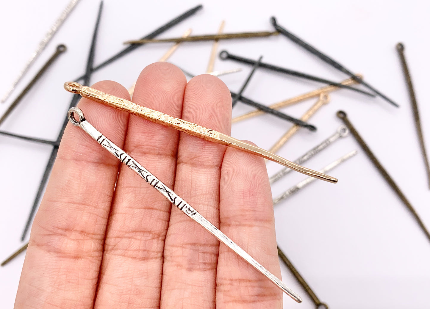 66mm/2.5 inches Pewter Carved Stick Pendants Thin Long Stick Charm Bulk Order in Gold, Silver, Brass and Gunmetal 20 PCS