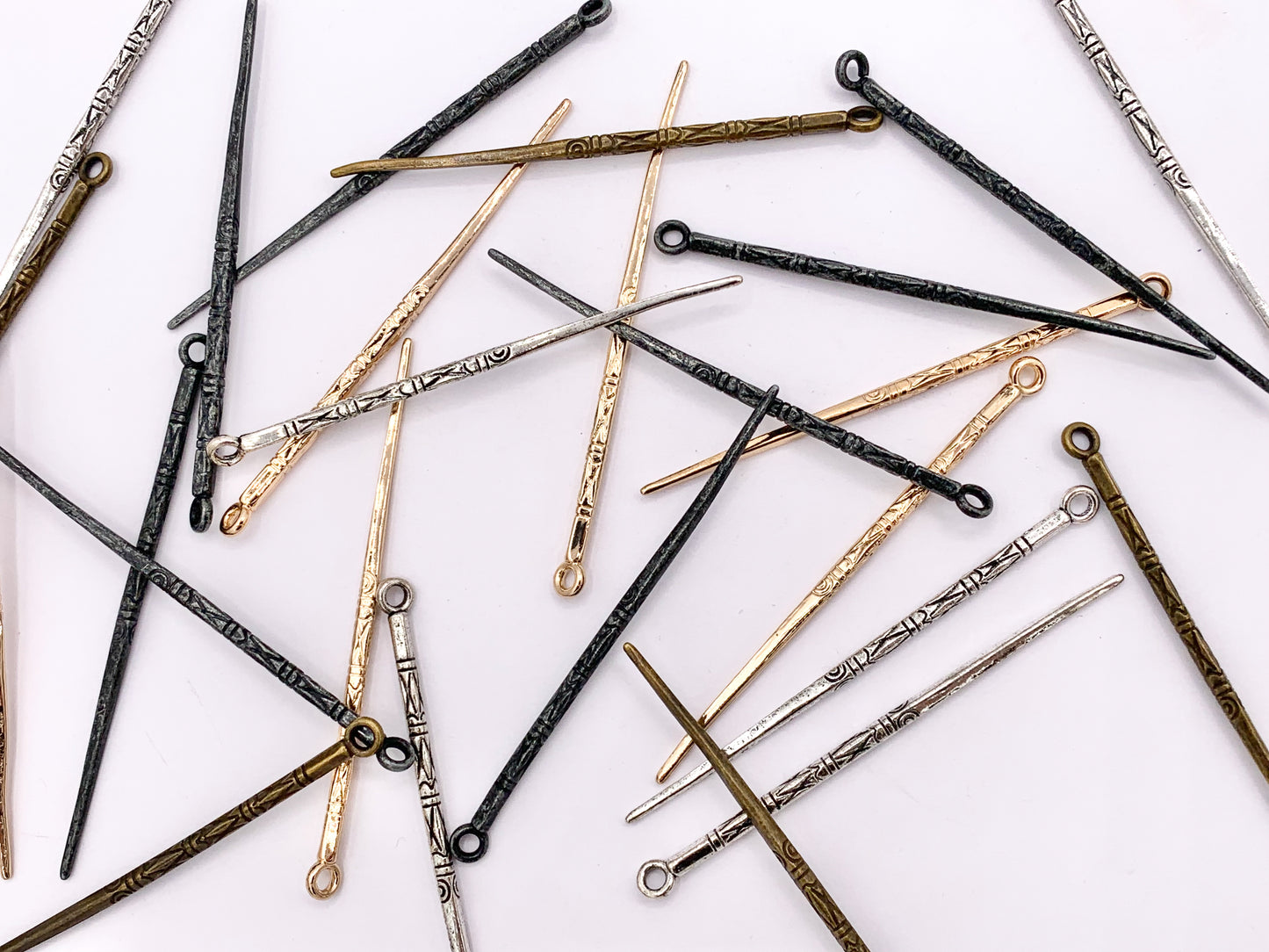 66mm/2.5 inches Pewter Carved Stick Pendants Thin Long Stick Charm Bulk Order in Gold, Silver, Brass and Gunmetal 20 PCS